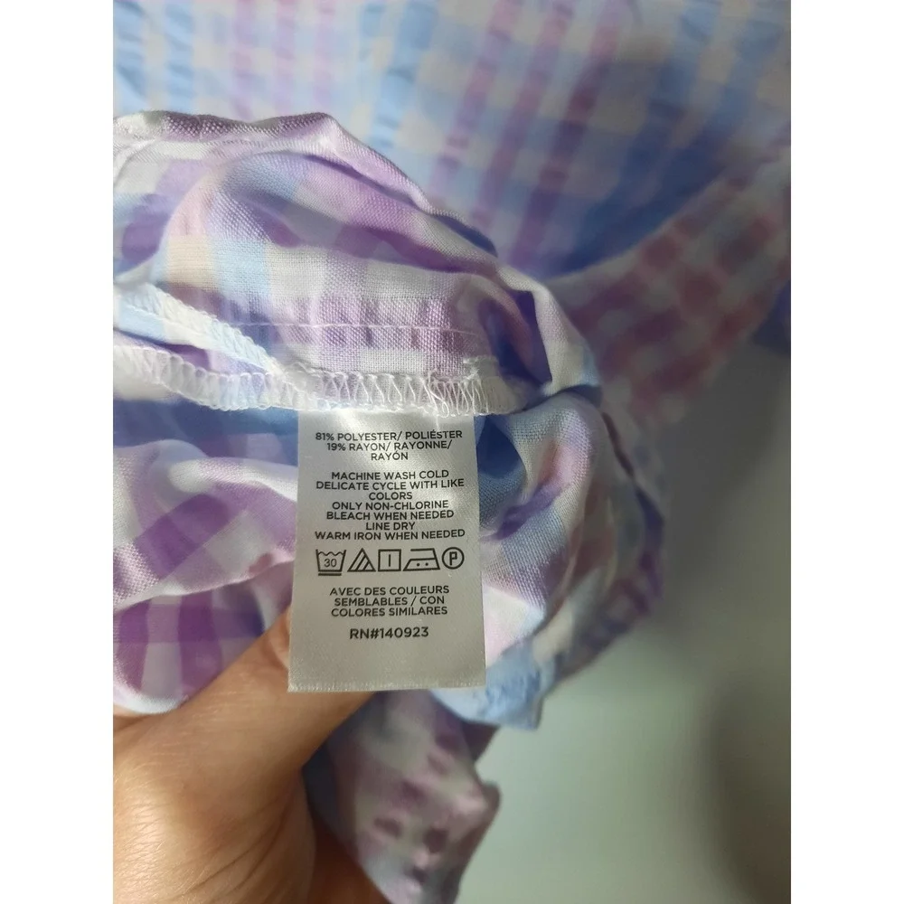 LOFT Gingham Puff Sleeve Blouse Blue Purple Pastel Plaid Top NWT Size M